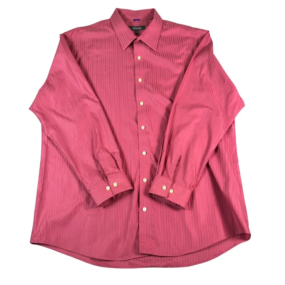 Kenneth Cole Reaction Mens Pink Stripe Slim Fit Dress Shirt 18 34-35 Cotton‎